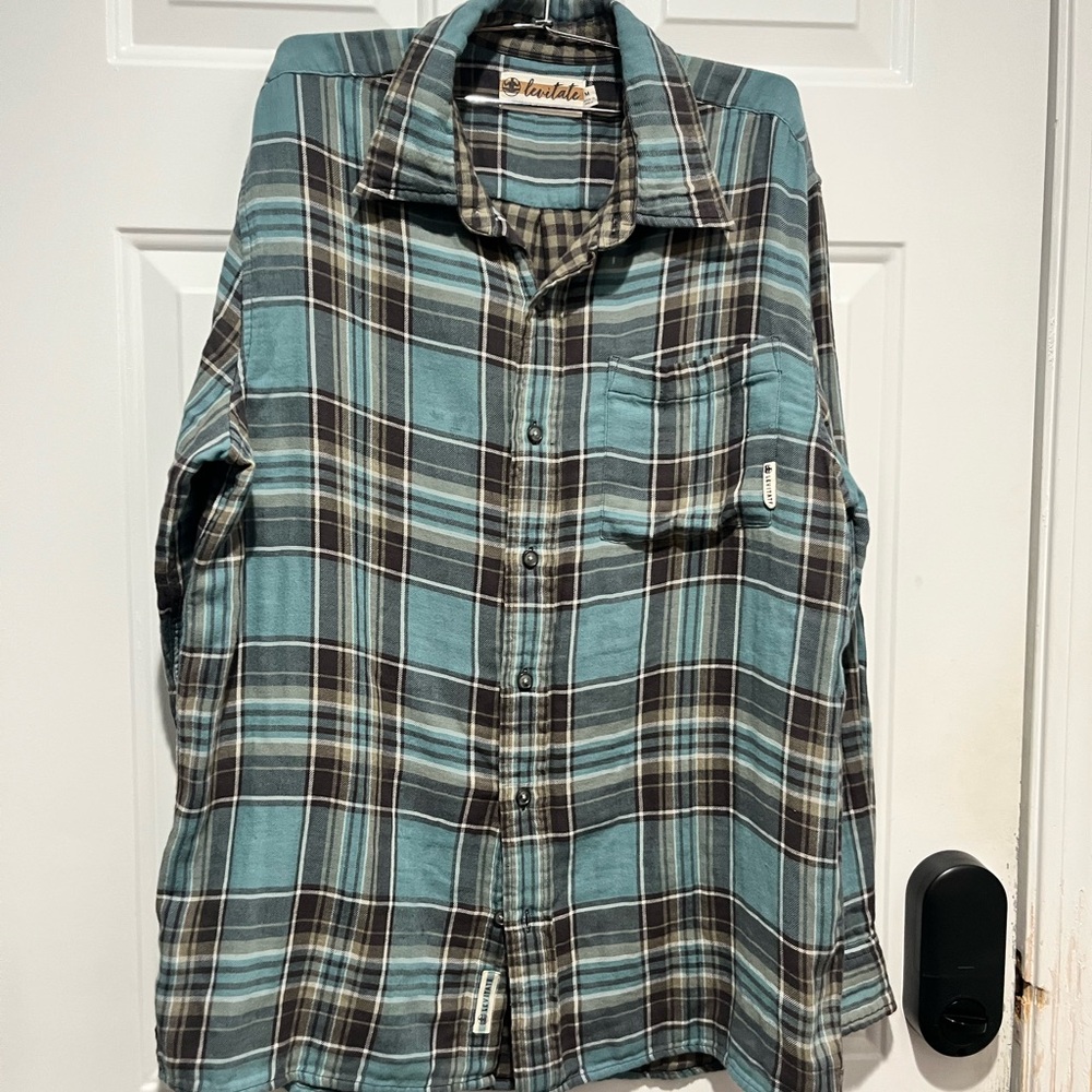 Levitate Men’s Teal and Black Plaid Shirt, Medium